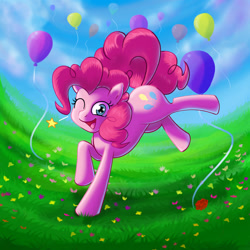 Size: 1024x1024 | Tagged: safe, artist:kcday, pinkie pie, earth pony, pony, backbend, balloon, field, solo