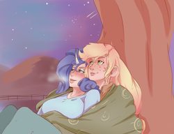 Size: 1939x1492 | Tagged: safe, artist:sundown, applejack, rarity, human, blanket, blushing, breath, cuddling, female, from behind, grin, horned humanization, hug, humanized, jacqueline applebuck, juliette d'rarie, leaning, lesbian, night, panting, rarijack, shipping, smiling, snuggling, spooning, stargazing, tree