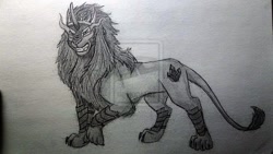 Size: 1024x577 | Tagged: safe, artist:jadziamasters, derpibooru import, king sombra, big cat, lion, pony, unicorn, species swap, traditional art