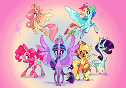 Size: 3000x2100 | Tagged: safe, artist:janegumball, derpibooru import, applejack, fluttershy, pinkie pie, rainbow dash, rarity, twilight sparkle, twilight sparkle (alicorn), alicorn, earth pony, pegasus, pony, unicorn, alternate design, backlighting, beauty mark, blaze (coat marking), female, leak, leonine tail, lidded eyes, mane six, mare, simple background, smiling, socks (coat marking), spread wings, star (coat marking), straw in mouth, unshorn fetlocks, wings