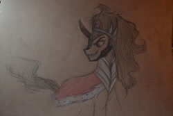 Size: 1024x683 | Tagged: safe, derpibooru import, king sombra, pony, unicorn, black mane, gray coat, horn, male, solo, stallion, traditional art