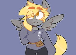 Size: 1280x920 | Tagged: safe, artist:scenebunny, artist:scenesonic, derpy hooves, anthro, pegasus, belt, clothes, cutie mark clothes, eye clipping through hair, fanny pack, female, looking at you, simple background, smiling, solo