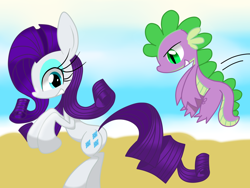 Size: 1600x1200 | Tagged: safe, artist:lovehtf421, rarity, spike, dragon, pony, unicorn, beach, male, plot, shipping, sparity, straight