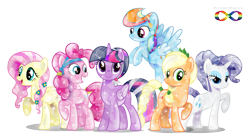 Size: 4945x2774 | Tagged: safe, artist:infinitewarlock, derpibooru import, applejack, fluttershy, pinkie pie, rainbow dash, rarity, twilight sparkle, twilight sparkle (alicorn), alicorn, earth pony, pony, crystallized, mane six, race swap, simple background, transparent background, vector