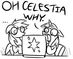 Size: 320x257 | Tagged: safe, artist:spurkeht, derpibooru import, edit, rainbow dash, twilight sparkle, pegasus, pony, artifact, computer, cropped, laptop computer, monochrome, reaction image