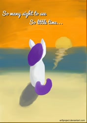 Size: 2048x2896 | Tagged: safe, artist:arifproject, rarity, pony, unicorn, beach, female, lineless, mare, ocean, sitting, solo, sunset, text