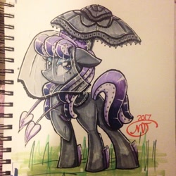 Size: 530x530 | Tagged: safe, artist:crystalizedflames, derpibooru import, oc, oc only, oc:rozovaya, hybrid, original species, pony, squid, female, mare, solo, tentacles, traditional art, umbrella, veil