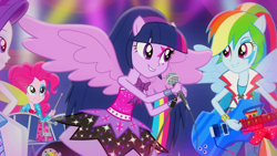 Size: 1920x1080 | Tagged: safe, derpibooru import, screencap, pinkie pie, rainbow dash, rarity, twilight sparkle, twilight sparkle (alicorn), alicorn, equestria girls, perfect day for fun, rainbow rocks, drums, guitar, microphone, ponied up, singing, wings