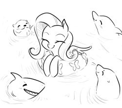 Size: 900x800 | Tagged: safe, artist:glacierclear, fluttershy, dolphin, otter, pegasus, pony, seal, shark, cute, monochrome, shyabetes