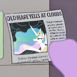 Size: 477x477 | Tagged: safe, princess celestia, twilight sparkle, alicorn, pony, meme, newspaper, old man yells at cloud, simpsons did it, solo, the simpsons