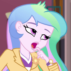 Size: 640x640 | Tagged: safe, screencap, princess celestia, principal celestia, equestria girls, friendship games, cropped, lidded eyes, open mouth, solo