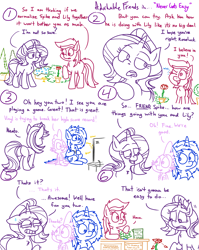 Size: 4779x6013 | Tagged: safe, artist:adorkabletwilightandfriends, dj pon-3, lily, lily valley, roseluck, spike, starlight glimmer, vinyl scratch, dragon, earth pony, pony, unicorn, comic:adorkable twilight and friends, adorkable, adorkable friends, advice, butt, comic, cute, difficult, dork, flower, love, one eye closed, plot, romance, shop, slice of life, upset, video game, wink