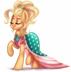 Size: 1016x1024 | Tagged: safe, artist:yukomaussi, applejack, earth pony, pony, alternate hairstyle, applejewel, clothes, dress, eyes closed, raised hoof, simple background, solo