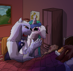 Size: 1024x1002 | Tagged: safe, artist:firefanatic, princess celestia, alicorn, pony, bed, crossover, crying, frisk, sleeping, toriel, undertale