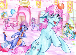 Size: 2281x1645 | Tagged: safe, artist:animagicworld, derpibooru import, master kenbroath gilspotten heathspike, minty, pinkie pie, rainbow dash, rainbow dash (g3), spike, wysteria, dragon, earth pony, pony, g3, ball, balloon, hilarity ensues, oh minty minty minty, paint, traditional art, vase