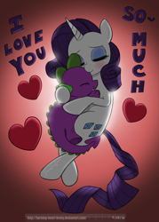 Size: 1500x2100 | Tagged: safe, artist:burning-heart-brony, rarity, spike, dragon, pony, unicorn, heart, hug, male, shipping, sparity, straight, text