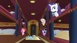 Size: 1366x768 | Tagged: safe, derpibooru import, screencap, fluttershy, pinkie pie, rarity, twilight sparkle, earth pony, pegasus, pony, unicorn, over a barrel