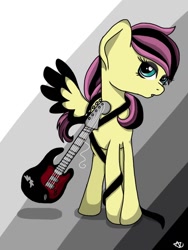 Size: 768x1024 | Tagged: safe, artist:php76, fluttershy, pegasus, pony, alternate hairstyle, alternate universe, electric guitar, emoshy, eyeshadow, guitar