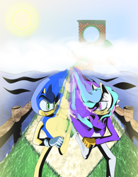 Size: 1024x1310 | Tagged: safe, artist:ihamza995, princess celestia, anthro, cat, catified, crossover, crossover shipping, green hill zone, race, racing, running, shipping, sonic generations, sonic the hedgehog, sonic the hedgehog (series), sonicified, soniclestia, species swap, watermark