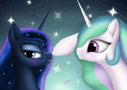 Size: 4960x3508 | Tagged: safe, artist:sstab29, princess celestia, princess luna, alicorn, pony, boop, crown, female, horn, jewelry, mare, regalia, siblings, sisters