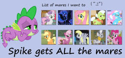 Size: 1313x609 | Tagged: safe, artist:porygon2z, applejack, derpy hooves, fluttershy, granny smith, lotus blossom, nightmare moon, pinkie pie, spike, sweetie belle, zecora, alicorn, dragon, earth pony, pegasus, pony, unicorn, applespike, cheerispike, derpyspike, female, filly, flutterspike, grannyspike, le lenny face, male, mare, op is a cuck, op is trying to start shit, pinkiespike, shipping, spicora, spike gets all the mares, spikebelle, spikemoon, splotus, straight