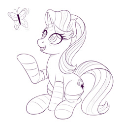 Size: 1200x1200 | Tagged: safe, artist:ziemniax, starlight glimmer, butterfly, pony, unicorn, chest fluff, clothes, eye clipping through hair, sitting, sketch, socks, solo, striped socks