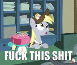 Size: 324x273 | Tagged: safe, edit, edited screencap, screencap, derpy hooves, gabby, dragon dropped, animated, caption, fuck this shit i'm out, image macro, nope, offscreen character, post office, text, vulgar