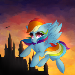 Size: 3472x3472 | Tagged: safe, artist:autumnvoyage, derpibooru import, rainbow dash, pegasus, pony, castle, chest fluff, female, floppy ears, looking at you, mare, smiling, solo