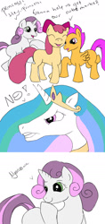 Size: 1224x2600 | Tagged: artist needed, safe, apple bloom, princess celestia, scootaloo, sweetie belle, alicorn, pony, 4chan, :3, colored, comic, crossover, cutie mark crusaders, implied smoked cheese, melancholy of haruhi suzumiya, nyoro-n, this can only end in awesome