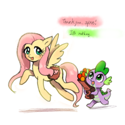 Size: 800x800 | Tagged: safe, artist:quizia, fluttershy, spike, dragon, pegasus, pony, cute, groceries, saddle bag, simple background