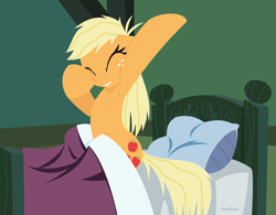 Size: 1280x1000 | Tagged: safe, artist:hoverrover, applejack, earth pony, pony, bed, cute, cutie mark, eyes closed, female, freckles, hooves, jackabetes, lineless, mare, morning ponies, pillow, sitting, smiling, solo, teeth, waking up