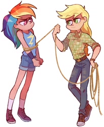 Size: 1049x1278 | Tagged: safe, artist:bordogushter, derpibooru import, applejack, rainbow dash, human, appledash, caught, clothes, converse, female, freckles, hand on hip, humanized, lasso, lesbian, pants, rainbond dash, rope, shipping, shoes, shorts, simple background, socks, tied up, white background