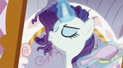 Size: 1275x709 | Tagged: safe, screencap, rarity, pony, unicorn, ppov, brush, discovery family logo, duckface, magic, solo