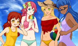 Size: 891x525 | Tagged: safe, apple bloom, applejack, pinkie pie, twilight sparkle, human, beach, beach ball, belly button, bikini, bow, clothes, front knot midriff, green swimsuit, hat, humanized, midriff, mint, one-piece swimsuit, orange swimsuit, pink swimsuit, polka dot swimsuit, purple swimsuit, rinmarugames, snow cone, snowcone, swimsuit