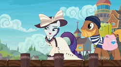 Size: 1269x707 | Tagged: safe, screencap, rarity, earth pony, pony, unicorn, ppov, clothes, devon cody, discovery family logo, ear piercing, earring, female, giant hat, hat, jewelry, male, piercing, porter, raristocrat, rose dewitt bukater, sailor, seaward shoals, titanic