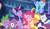 Size: 1826x1054 | Tagged: safe, derpibooru import, screencap, applejack, pinkie pie, rainbow dash, rarity, spike, twilight sparkle, twilight sparkle (alicorn), alicorn, dragon, earth pony, pegasus, pony, unicorn, scare master, clothes, costume, dragon costume, eyes closed, female, male, mare, two-headed dragon