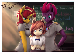 Size: 4961x3508 | Tagged: safe, artist:blackligerth, sunset shimmer, tempest shadow, oc, anthro, unicorn, anthro oc, broken horn, clothes, female, horn, mare, school uniform, smiling