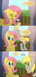 Size: 2800x6000 | Tagged: safe, artist:fluffyxai, derpy hooves, fluttershy, pegasus, pony, balcony, blushing, chair, clothes, curtains, derpyshy, female, flutterderp, flying, landing, lesbian, mailmare, mailmare uniform, shipping, sigh, smiling, speech, speech bubble, text, tumblr:ask spirit wind, wings