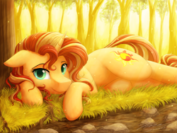 Size: 2828x2121 | Tagged: safe, artist:novaintellus, sunset shimmer, pony, unicorn, cute, female, forest, high res, looking at you, lying down, mare, on side, prone, shimmerbetes, smiling, solo