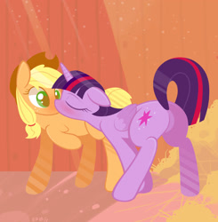 Size: 2934x3000 | Tagged: safe, artist:b-epon, applejack, twilight sparkle, twilight sparkle (alicorn), alicorn, earth pony, pony, blushing, explicit source, female, kissing, lesbian, mare, plot, raised tail, shipping, tail, twibutt, twijack