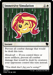 Size: 375x523 | Tagged: safe, edit, sunset shimmer, better together, equestria girls, game stream, ccg, emoji, magic the gathering, one eye closed, shimmercode, the matrix, trading card, trading card edit, wink, written equestrian