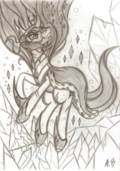 Size: 1628x2331 | Tagged: safe, artist:rossmaniteanzu, derpibooru import, king sombra, pony, unicorn, crystal, magic, monochrome, sketch, solo, traditional art, wip