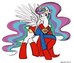 Size: 1400x1206 | Tagged: safe, artist:melodicmarzipan, princess celestia, alicorn, pony, cape, clothes, crossover, raised hoof, simple background, sketchy, solo, spread wings, superman