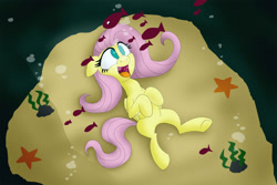 Size: 1600x1066 | Tagged: safe, artist:uwdr-64, fluttershy, fish, pegasus, pony, bubble, happy, underwater, watershy