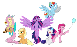 Size: 3000x1849 | Tagged: safe, artist:whitehershey, derpibooru import, applejack, fluttershy, pinkie pie, rainbow dash, rarity, twilight sparkle, twilight sparkle (alicorn), alicorn, draconequus, earth pony, pegasus, pony, unicorn, fanfic:my little pony: the unexpected future, amputee, augmented, balloon, both cutie marks, draconequified, female, floppy ears, flutterequus, magic, mane six, prosthetic limb, prosthetic wing, prosthetics, scar, simple background, species swap, spread wings, telekinesis, transparent background, wings