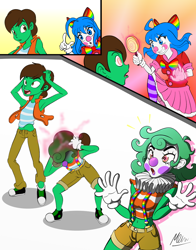 Size: 900x1150 | Tagged: safe, artist:fujuzakinc, oc, oc only, oc:frost d. tart, oc:sasha smiles, equestria girls, armpits, barely pony related, belly button, bowtie, clothes, clown, clown nose, converse, curly hair, gloves, hypnosis, hypnotized, magic, male to female, midriff, ruff (clothing), rule 63, shoes, shorts, socks, striped shirt, striped socks, suspenders, thigh highs, transformation, transgender transformation