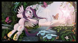 Size: 9720x5400 | Tagged: safe, artist:auroriia, derpibooru import, twilight sparkle, twilight sparkle (alicorn), alicorn, butterfly, pony, absurd resolution, female, flower, flying, forest, mare, moon, smiling, solo, spread wings, twilight starburst, water