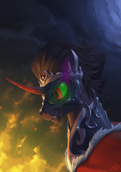 Size: 1000x1422 | Tagged: safe, artist:1jaz, derpibooru import, king sombra, pony, unicorn, bust, fire, portrait, solo