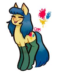 Size: 750x900 | Tagged: safe, artist:gmm, oc, oc:mood swing, pony, blue mane, christmas, christmas stocking, clothes, holiday, original character do not steal, ponysona, smiling, solo, stockings, thigh highs, tongue out, yellow coat