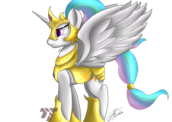 Size: 2900x2050 | Tagged: safe, artist:nexcoyotlgt, princess celestia, alicorn, pony, armor, female, horn, mare, multicolored mane, solo, white coat